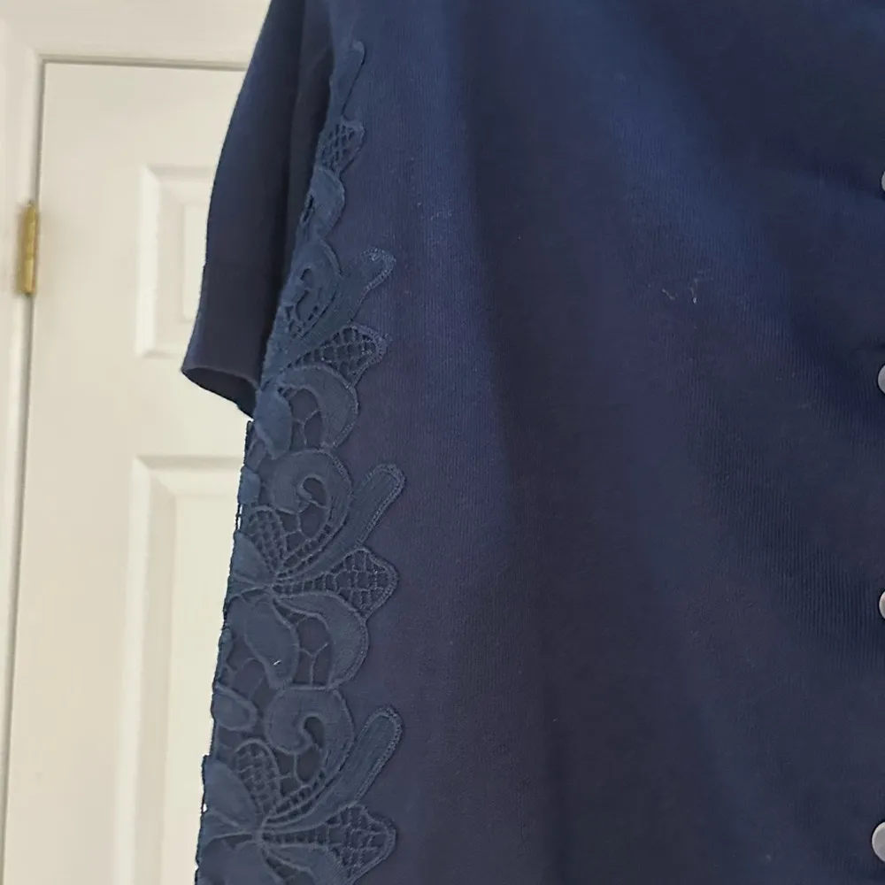 Talbots Cardigan Top Lace Trim Short Sleeve Button Down Navy Blue Size S - Image 3