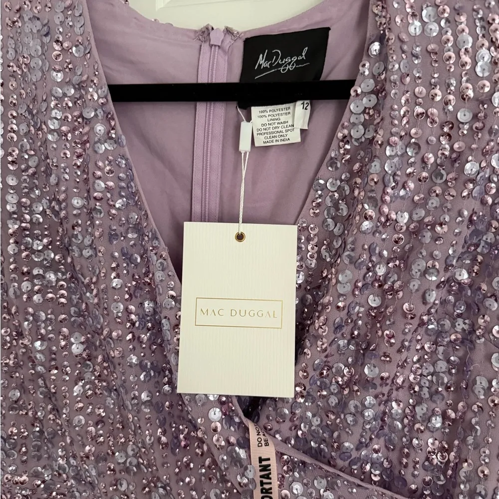 Mac Duggal Purple Sequined Illusion‎ Puff Sleeve V Neck Midi Dress Size 12 NWT - Image 10