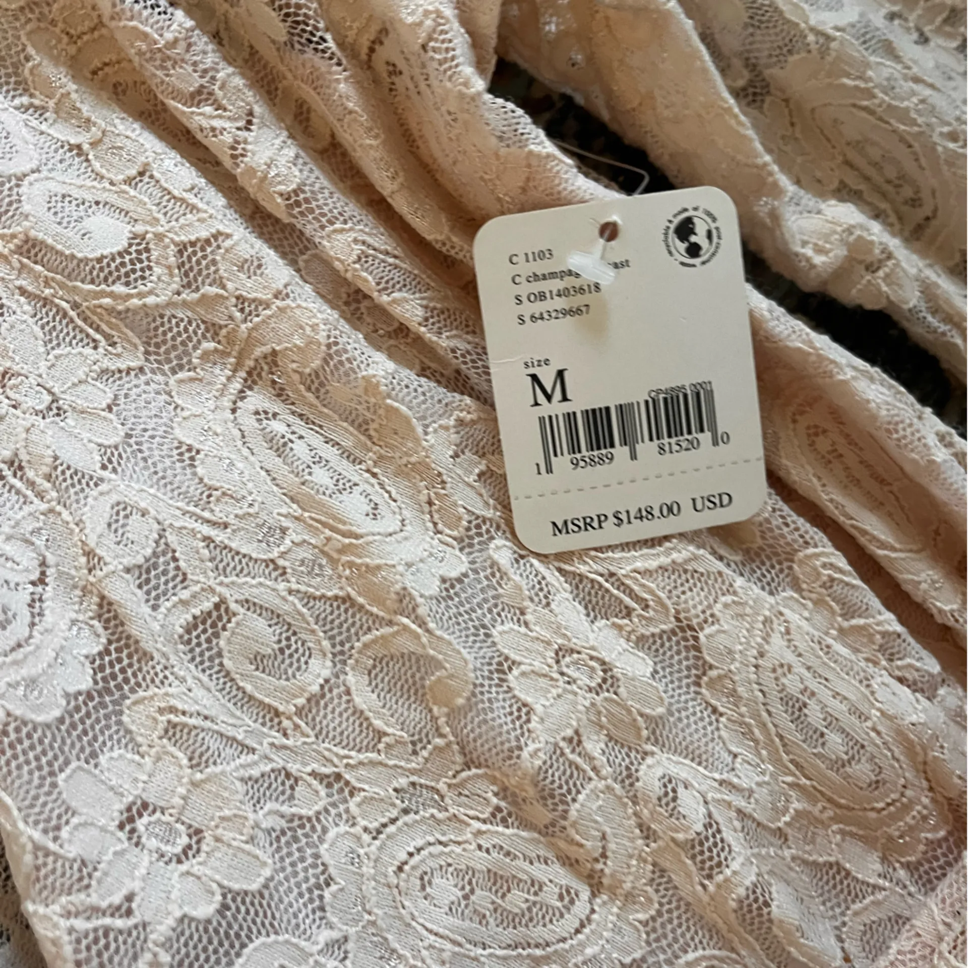 FREE PEOPLE Mini PEARL LACE Pink Cream Faux Wrap V Neck Dress medium - Image 7