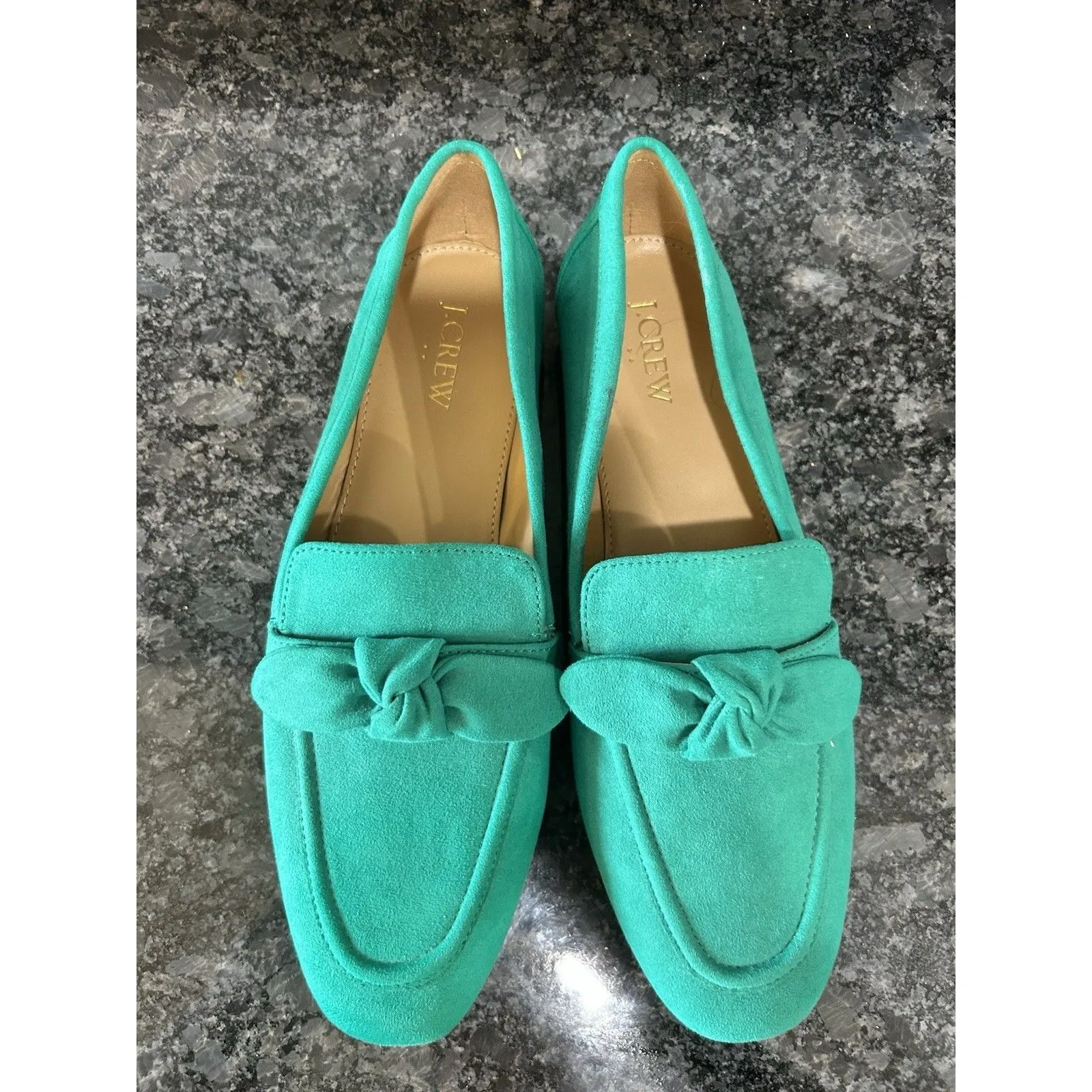 J Crew Loafers Size 9 Green Faux Suede Bow Slip On Shoes Preppy Holiday Flats - Image 3