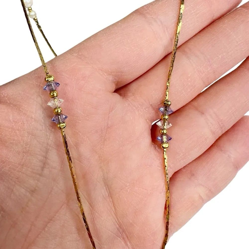 Lot of 2 Gold Tone Faux Pearl & Light Purple Faceted Beaded Necklaces - Image 4