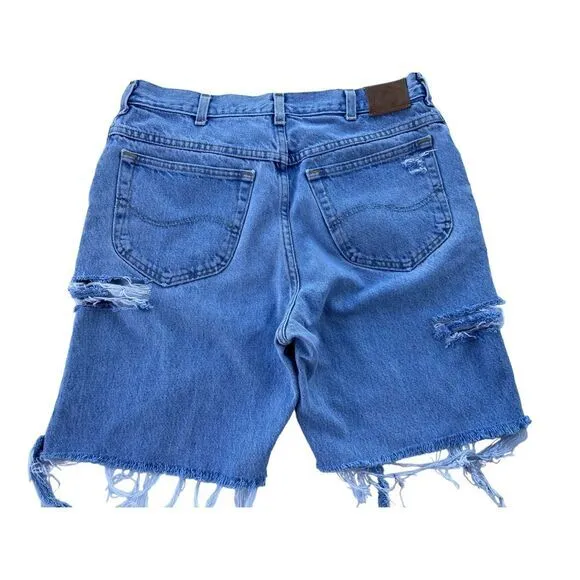 90s VTG Lee Denim Jean Shorts‎ Distressed Ripped Frayed Hem Blue Casual - Image 2