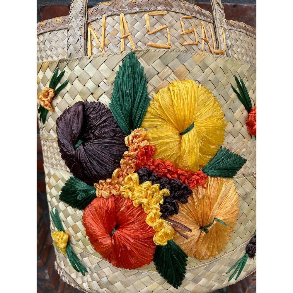 vintage raffia straw shoulder bag purse floral bucket bag yellow orange green - Image 2