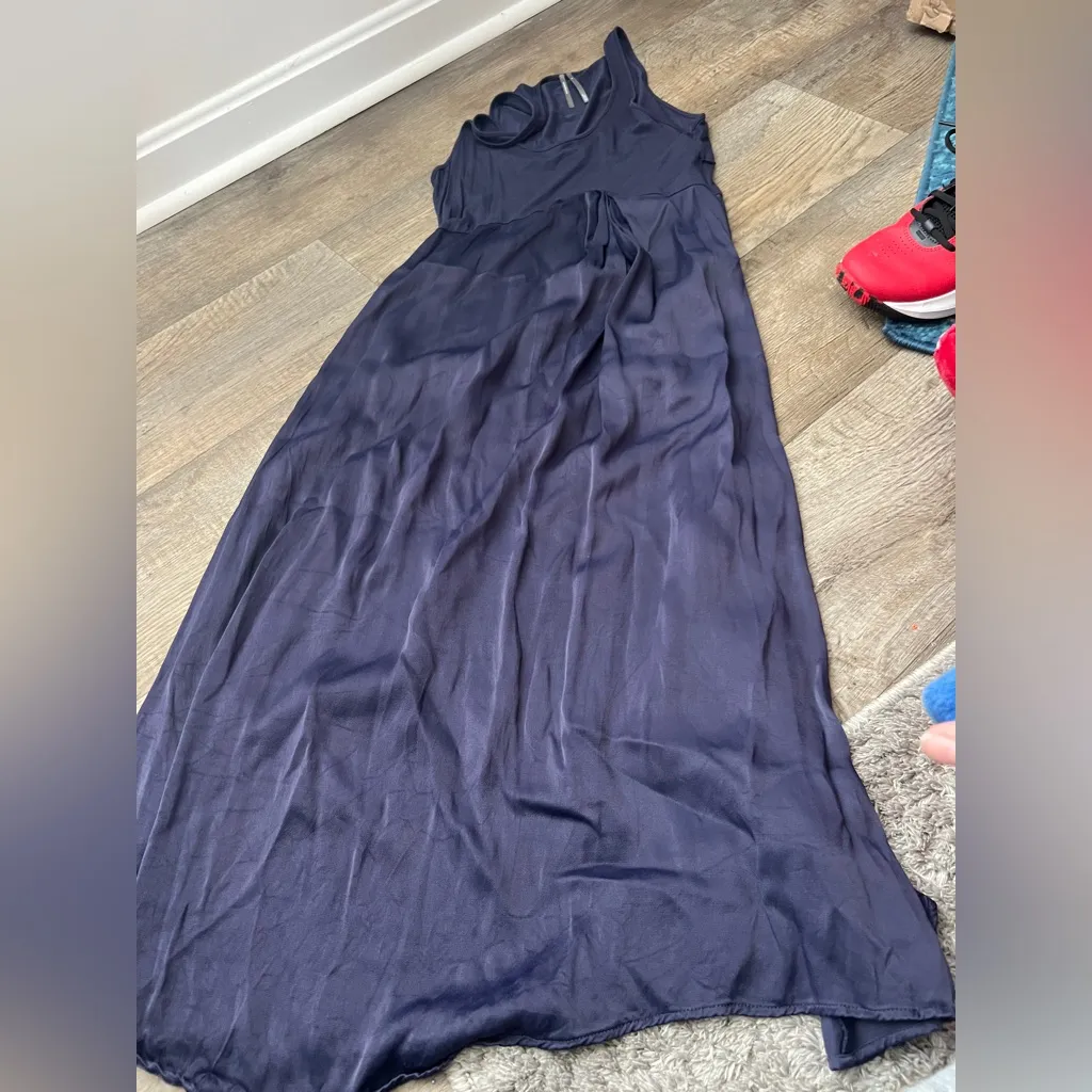 Anthropologie Gemini Twofer Maxi Dress Navy Blue Sleeveless Satin Size M - Image 12