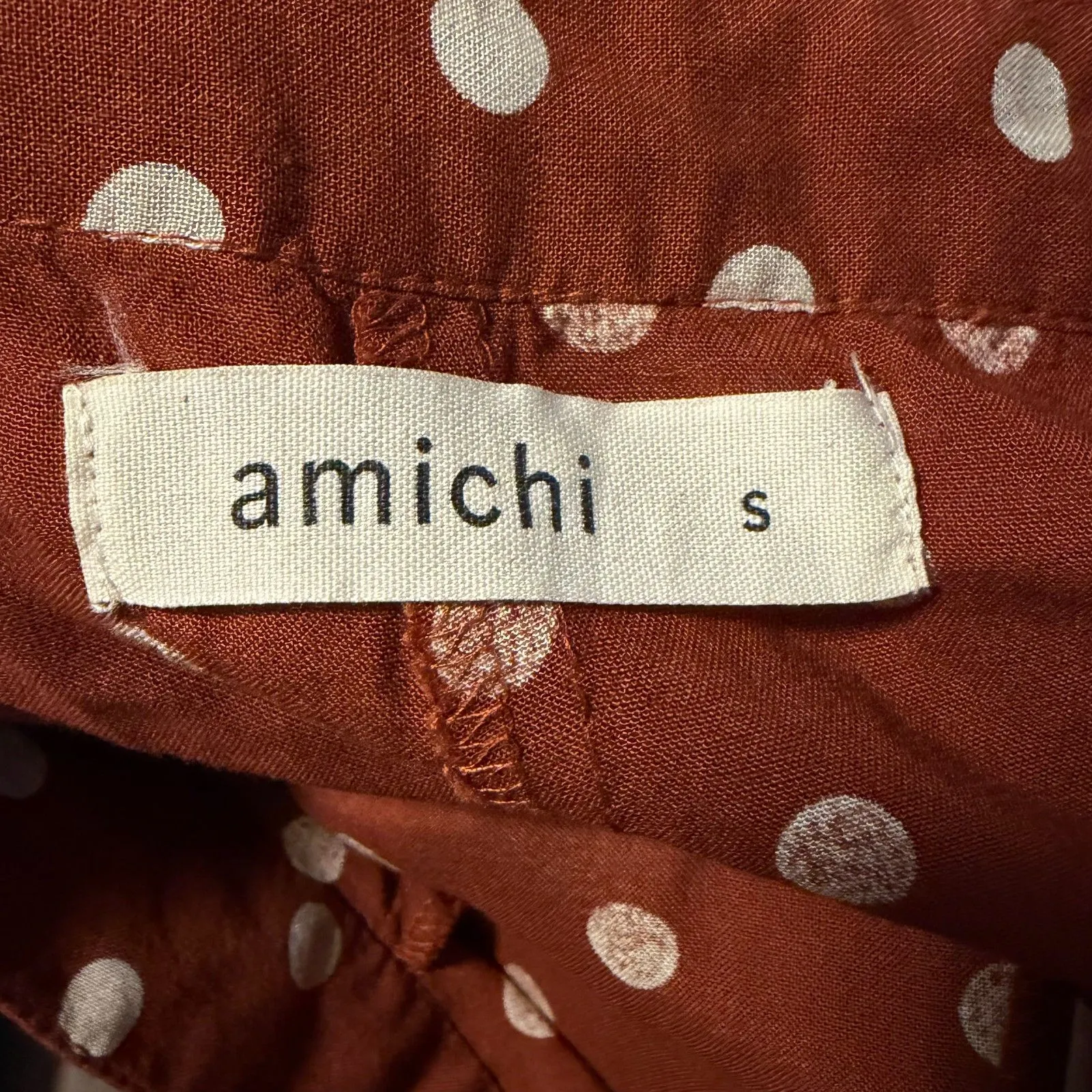 AMICI Burnt Orange White Polka Dot High Waist Flare Wide Leg Pants Womens Small - Image 3