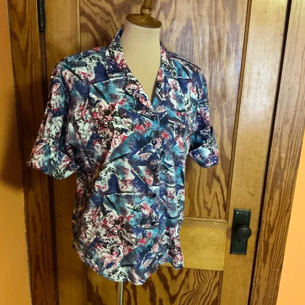 Vtg 80s Tapestry Geometric shirt Blue Size M - Image 8