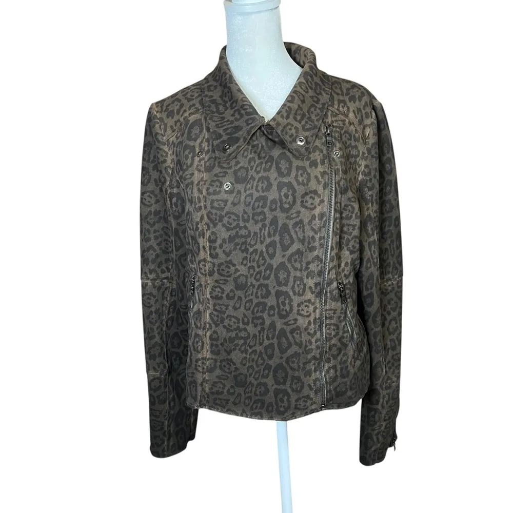 Anthropologie MARRAKECH Marni Leopard Moto Jacket Sz M Faux Suede Leather Brown Size M - Image 9
