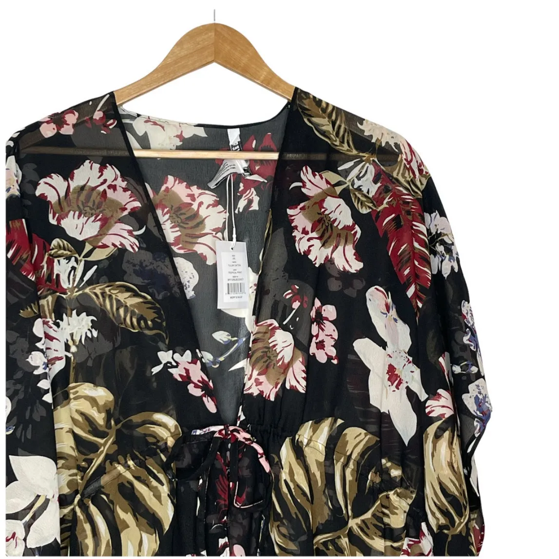 Brand New WALTER BAKER Tulum Black Floral Caftan Swim Cover-Up Duster One Size - Image 5