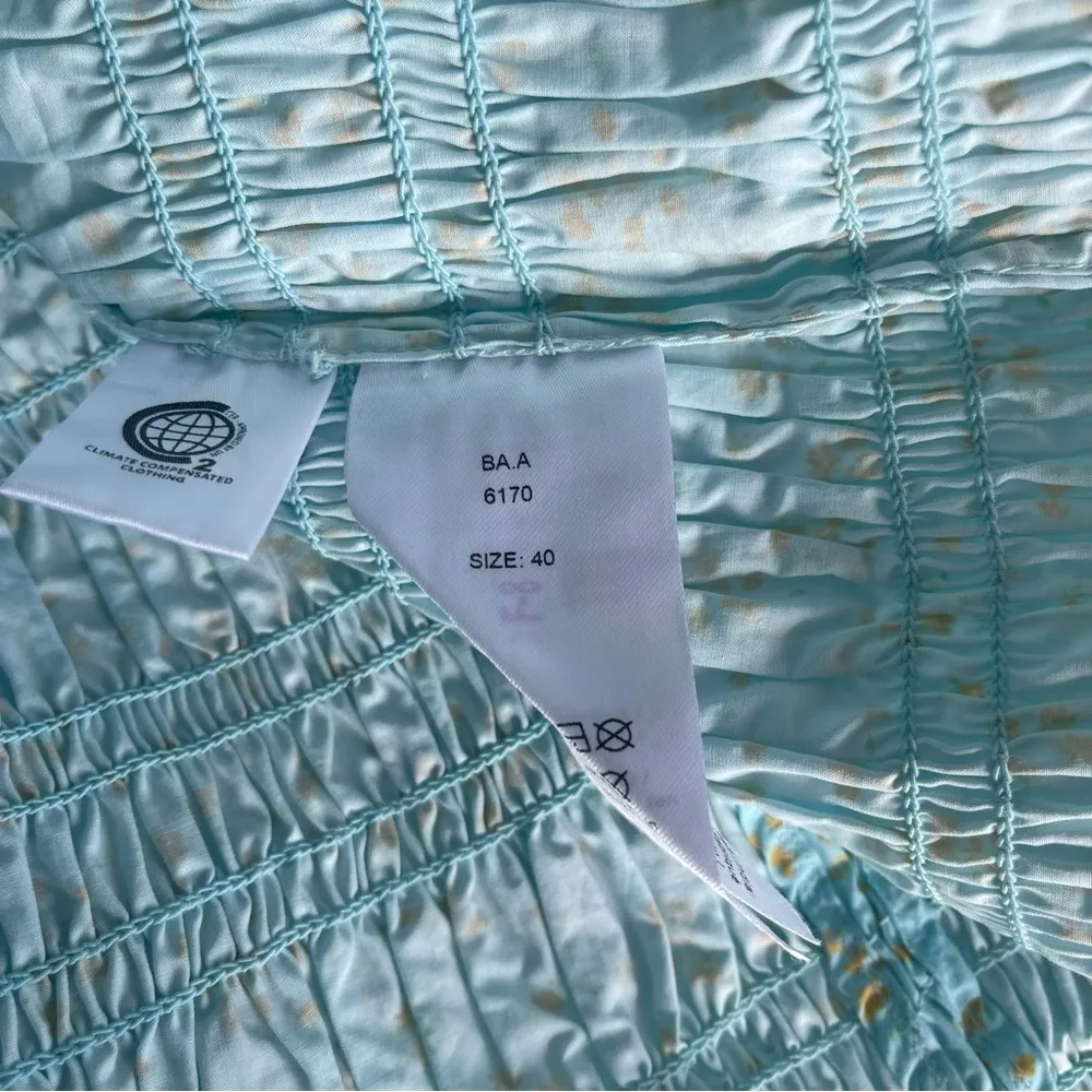 NWT Ganni Shirred Floral Organic Cotton Blend Poplin Blouse Puff Sleeve Blue - Image 8