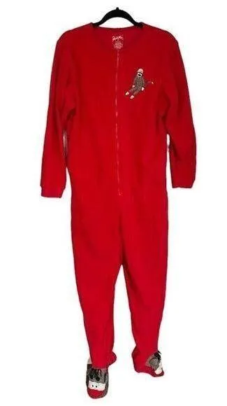 Nick & Nora One Piece Footed Fleece Pajama Sock Monkey Red Size Medium Womens - Image 1