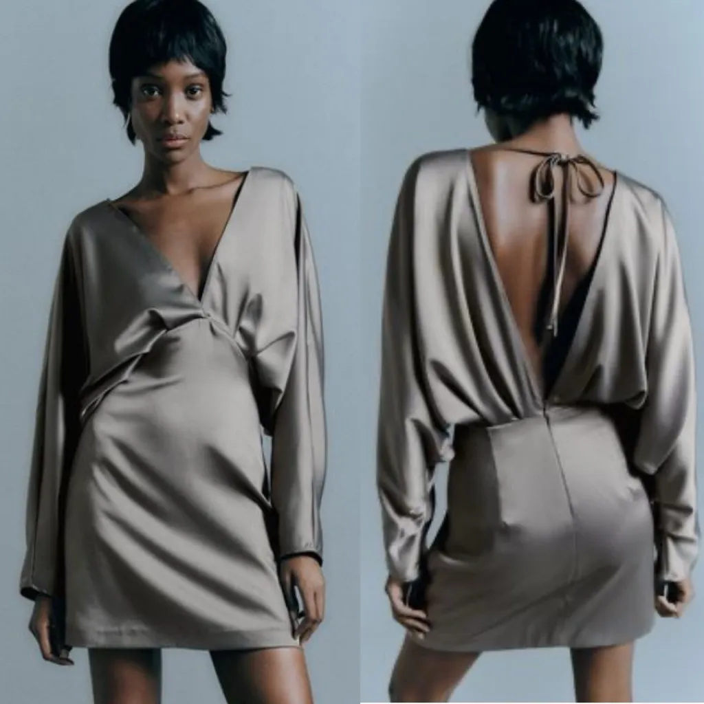 Zara batwing ruched draped contrasting satin long sleeve mini dress - Image 3