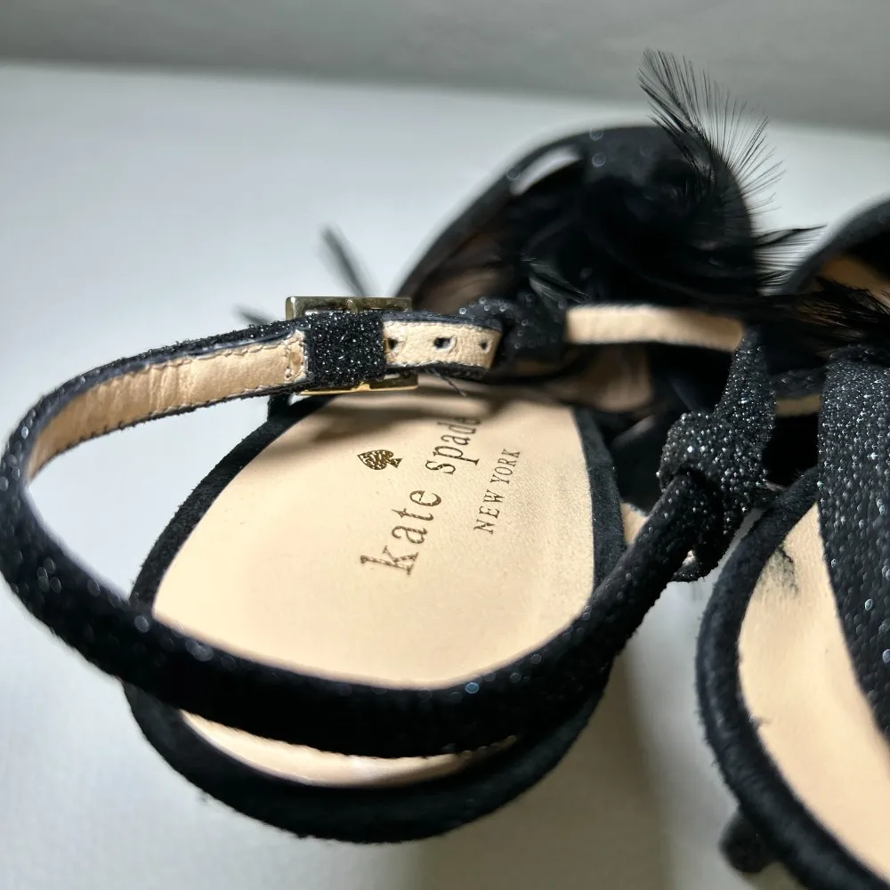 Kate Spade Glitter Feather Black Open Toe‎ Slingback Pumps Heels Size 7 - Image 7