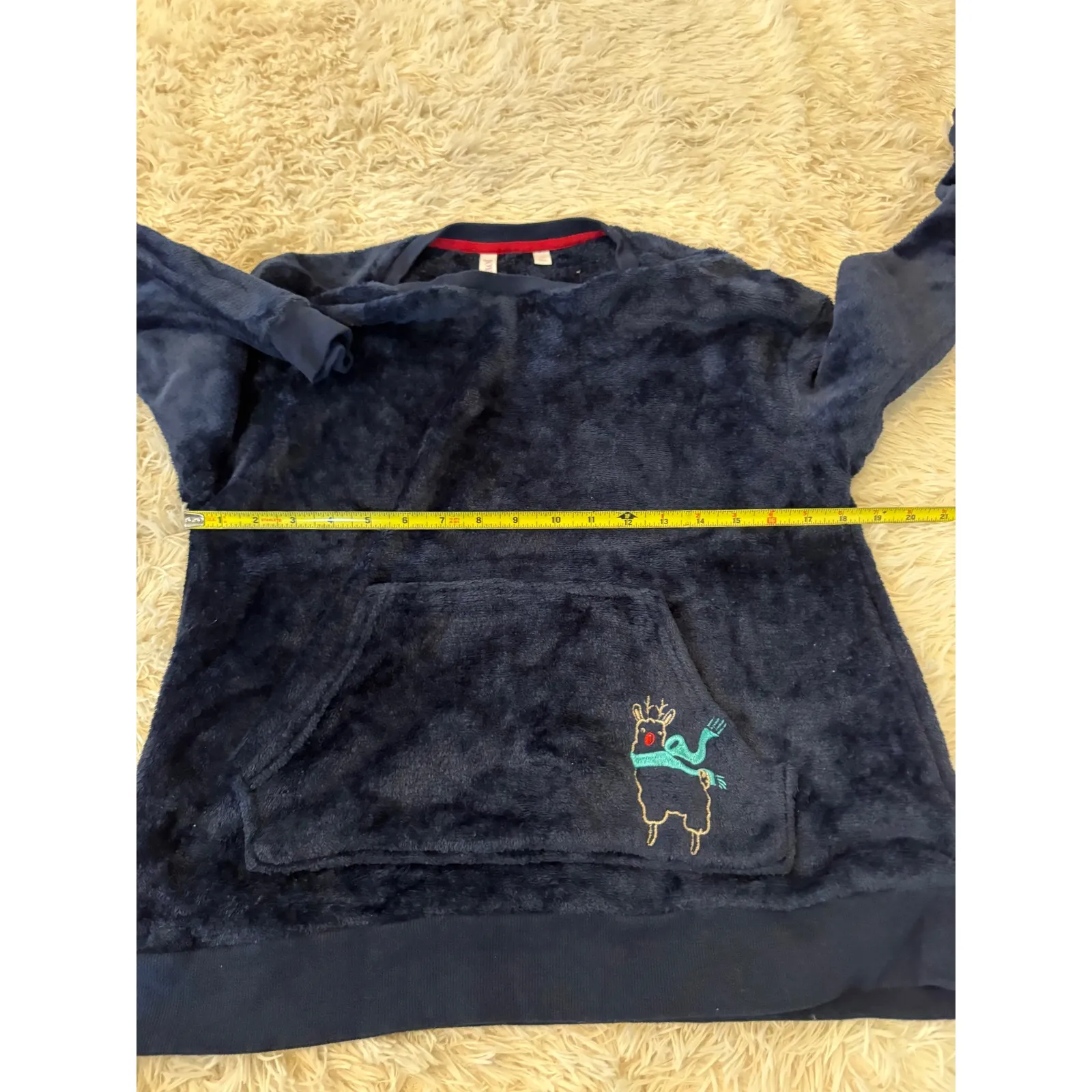Joyful Plush Cozy Fleece Sweatshirt Blue Reindeer Holiday Embroidered Size M - Image 7