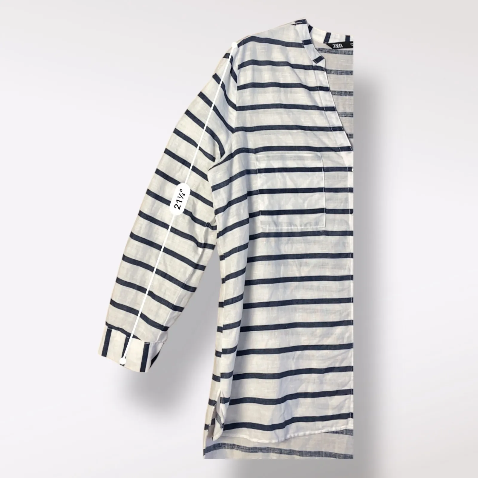 Zara Striped Blue White‎ Oversized Linen V Neck Shirt Size L Coastal Nautical - Image 5