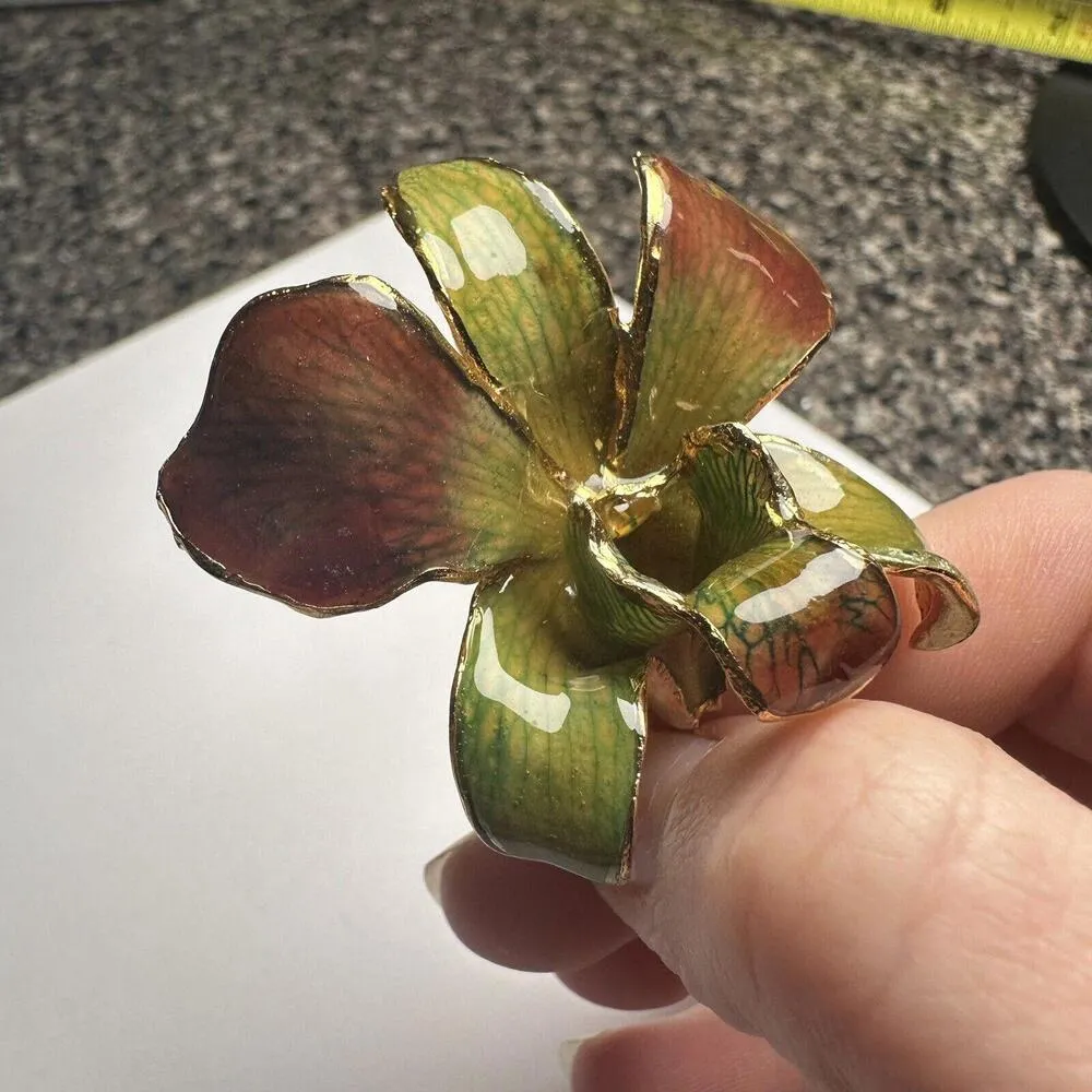 Gold Plate Encased Orchid Flower Green/Rust Color Brooch Pin - Image 4