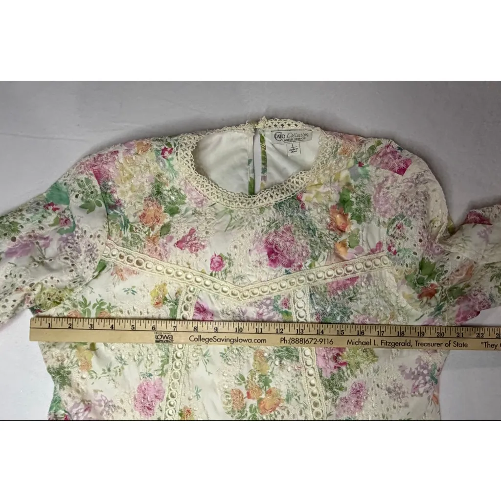 Whimsigoth Cottagecore Floral Lace Peplum Blouse L Romantic Prairie Fairy Cato White Size L - Image 8