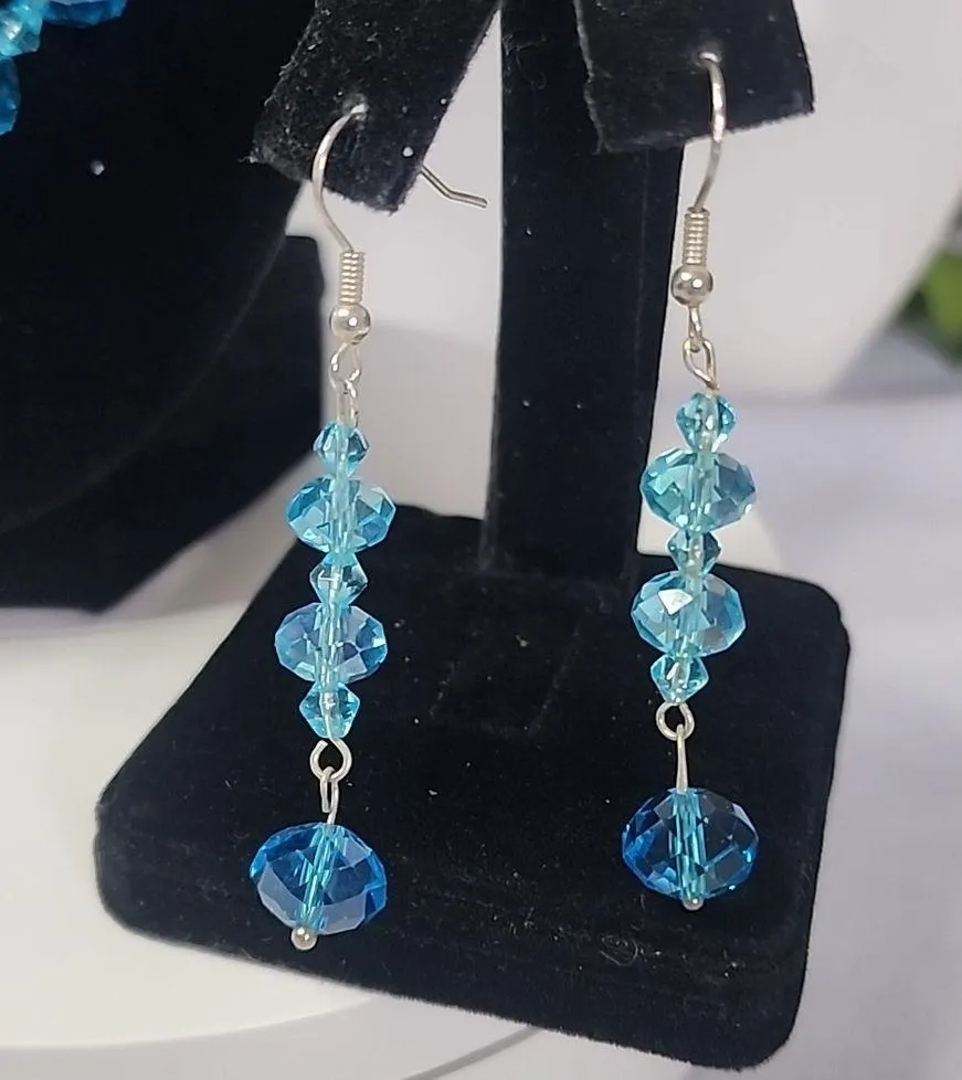 Aqua Blue Cut Crystal Faceted Rondelle Bead Necklace Bracelet Earrings Set - Image 4