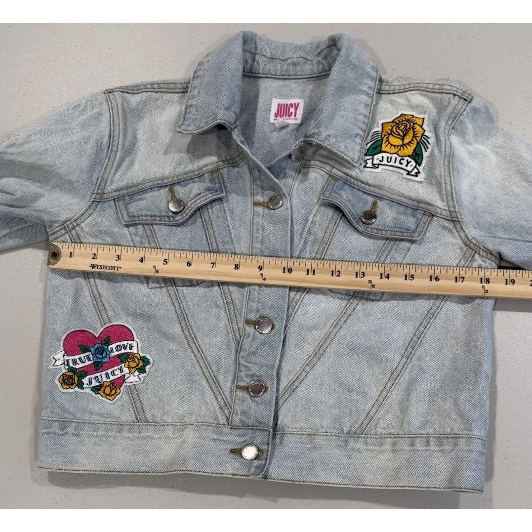 Juicy Couture Denim Jean Jacket Womens XS Distressed Y2K Patches Punk Tattoo - Image 6