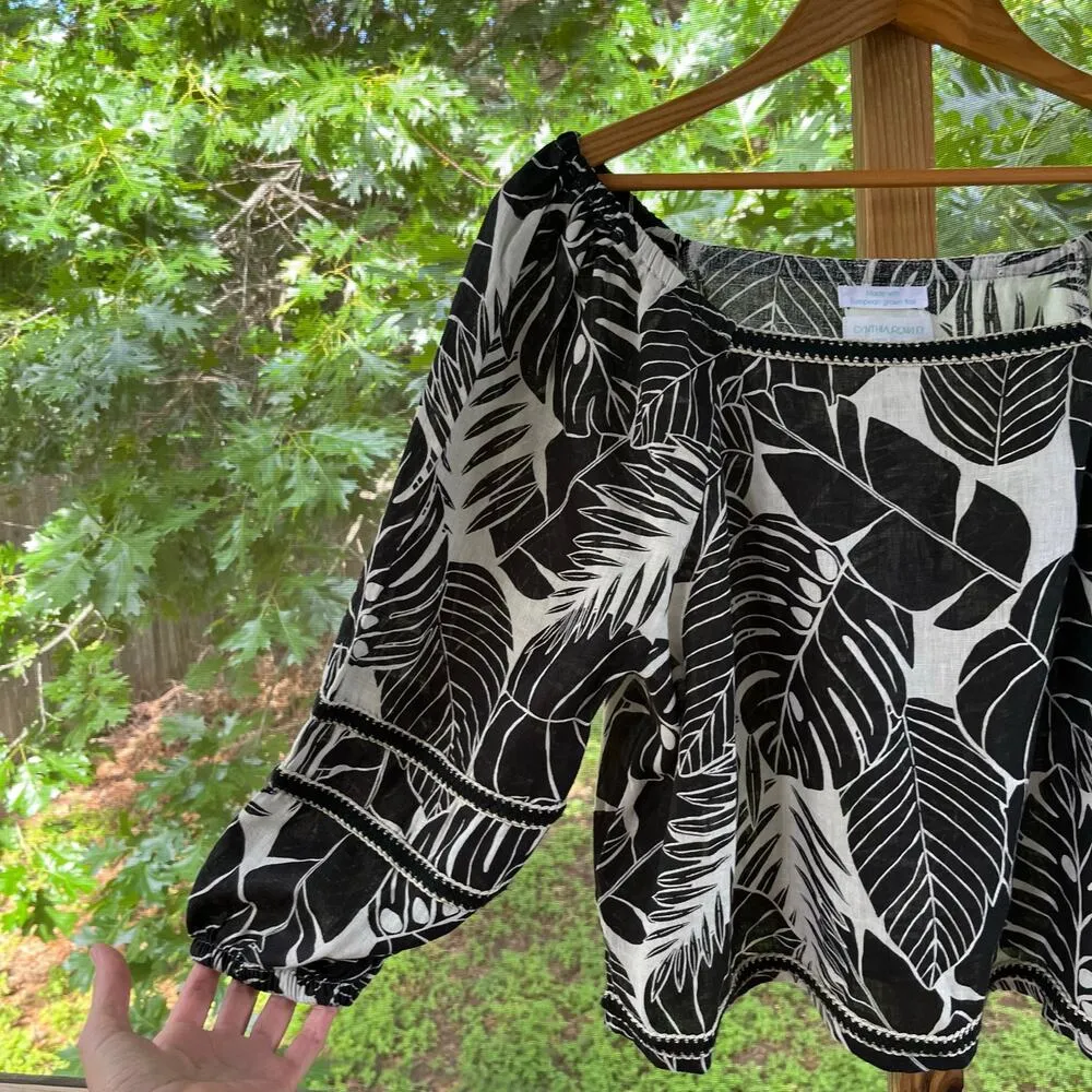 Cynthia Rowley Black And White Botanical Print 100% Linen Blouse Size L. NEW - Image 3