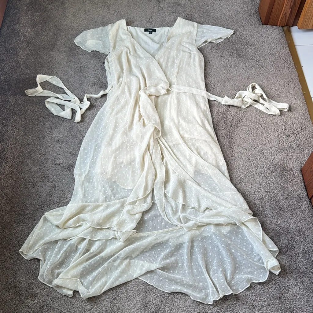 Lulus Wrapped Up In Your Love Cream Dotted Ruffled Wrap Midi Dress SIZE XL - Image 3