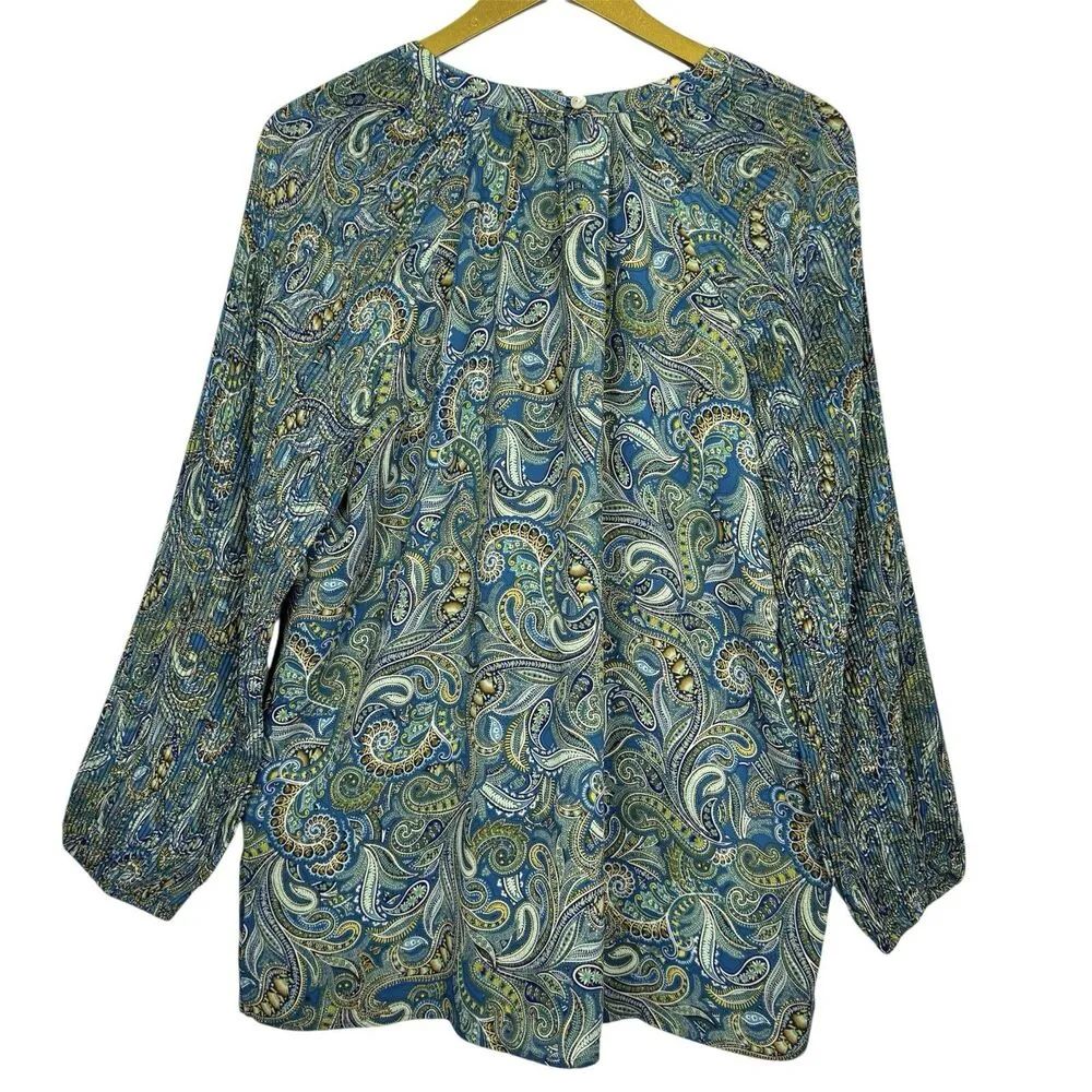 J Jill Satin Fairy Grunge Tunic Top Size Small Green Paisley Pleated Boho Modest - Image 3