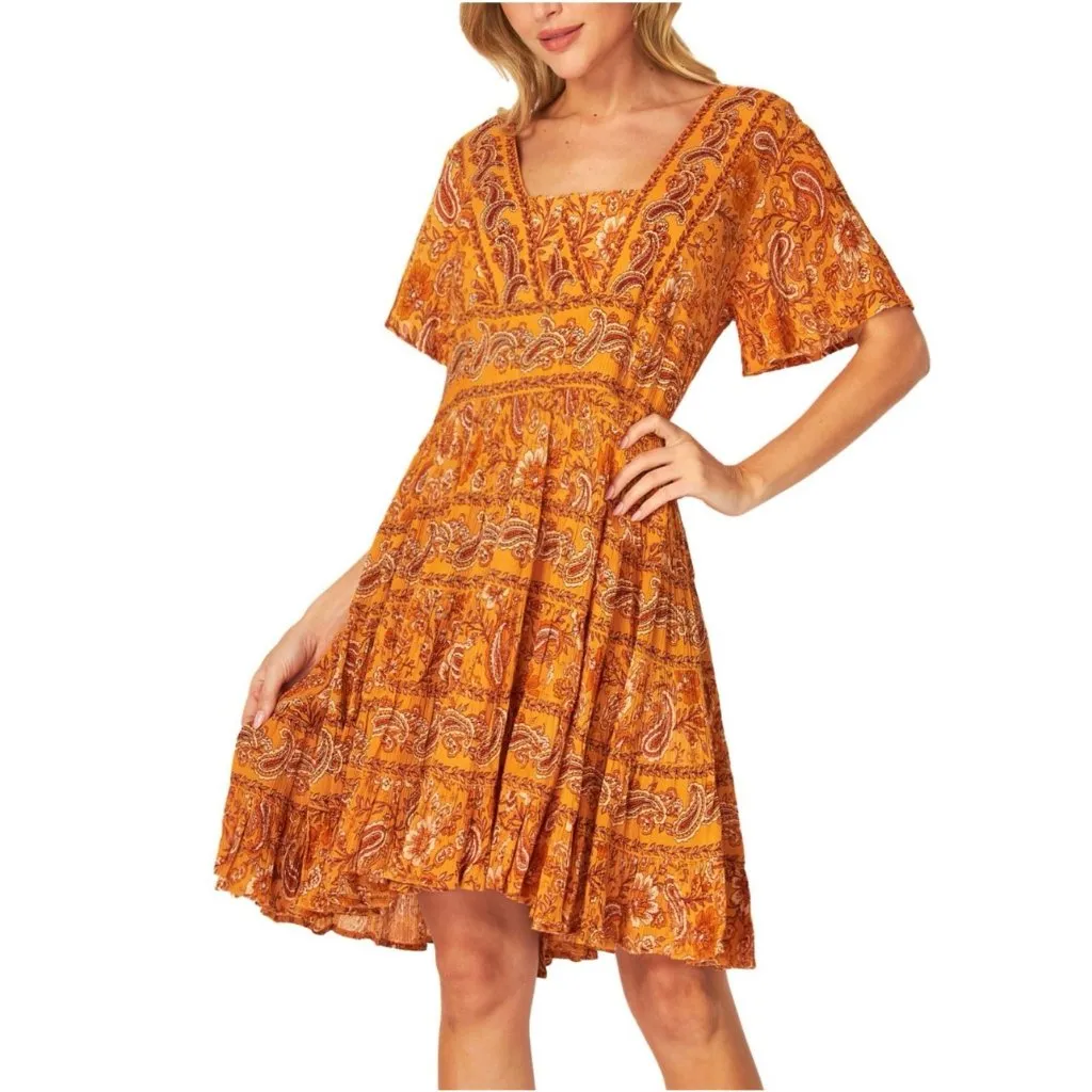 Bila Floral Paisley Short Tiered Dress Women's XL Boho Relaxed Fit Marigold NEW‎ Orange - Image 3