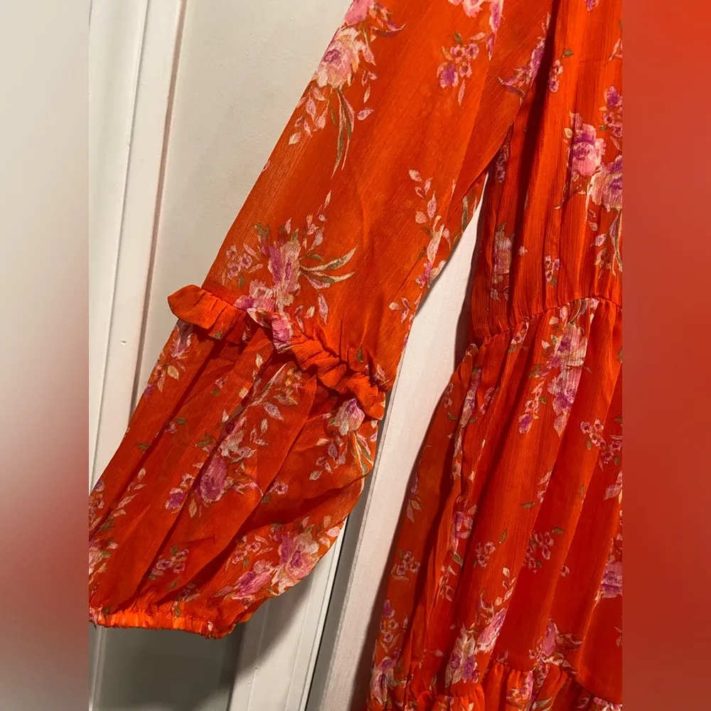 NWT Vince Camuto Size M Orange Floral Ruffle Flowy Long Sleeve Sheer Mini Dress - Image 2