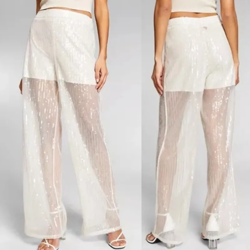 NWT Jeannie Mai X INC Womens Disco Party Sheer Wide‎ Leg Sequin Pants 18W Ivory - Image 2