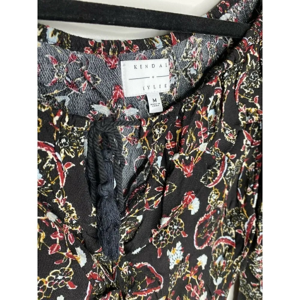 Kendall + Kylie Blouse Size M Long Bell Sleeves Floral Tie Front Crop Top Womens - Image 3