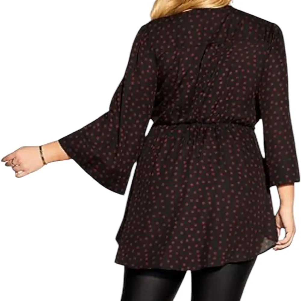 CITY CHIC POLKA DOT BLACK BURGUNDY KIMONO SLEEVE CRISS CROSS TUNIC TOP 18 - Image 3
