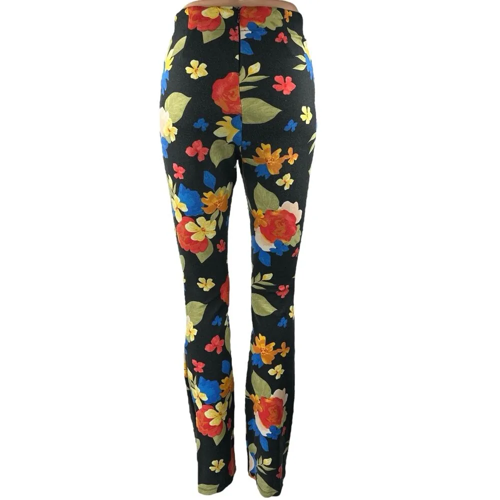 Danielle Bernstein Black Multicolor Floral Flared Leg Trousers Leggings Pants 4 - Image 3