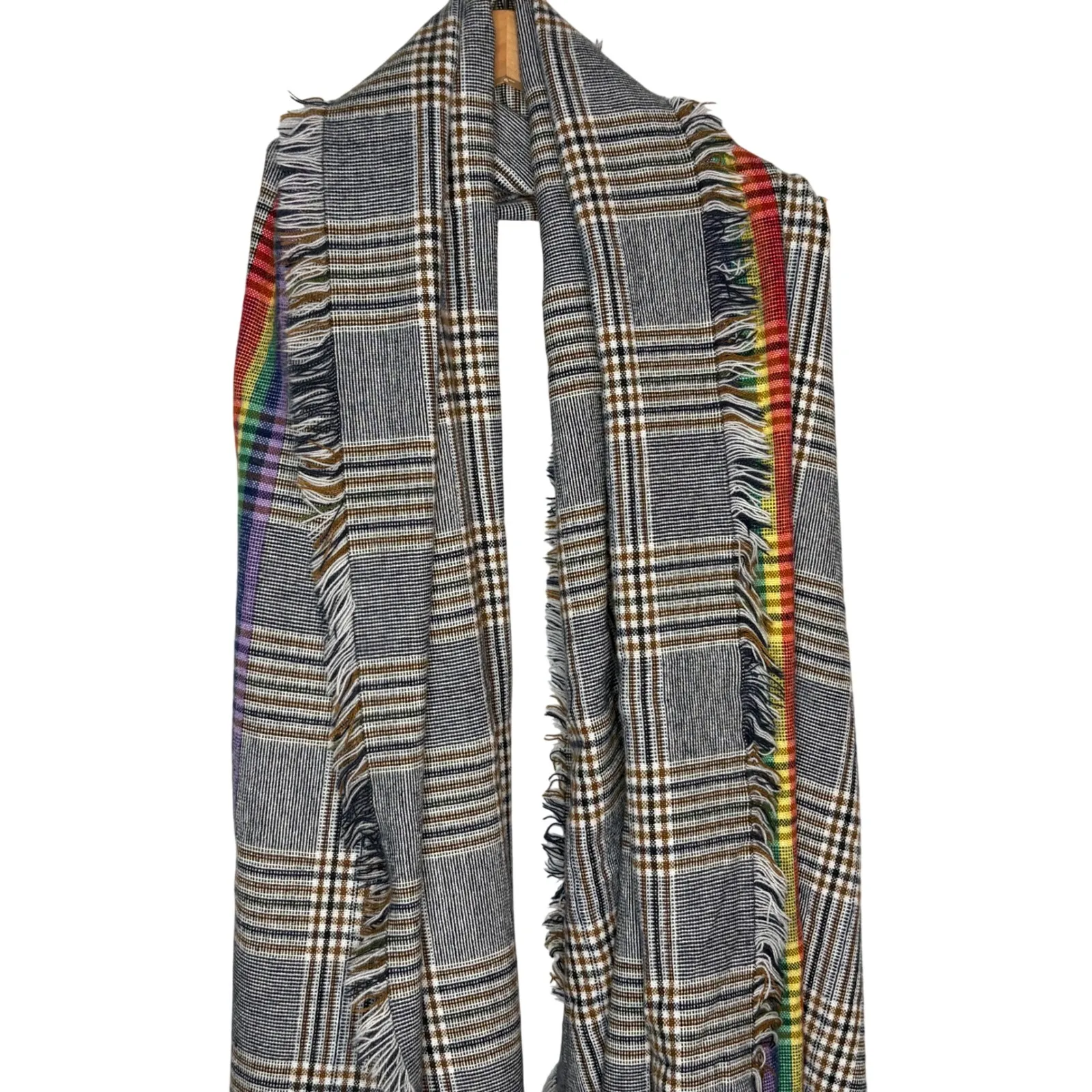Glen Plaid Blanket Scarf Rainbow Stripe Fringe Accents Prince of Wales Preppy Gray - Image 4