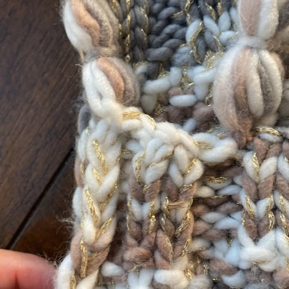 Thick chunky knit scarf tassels fringe colors mauve grey white gold metallic Tan - Image 2