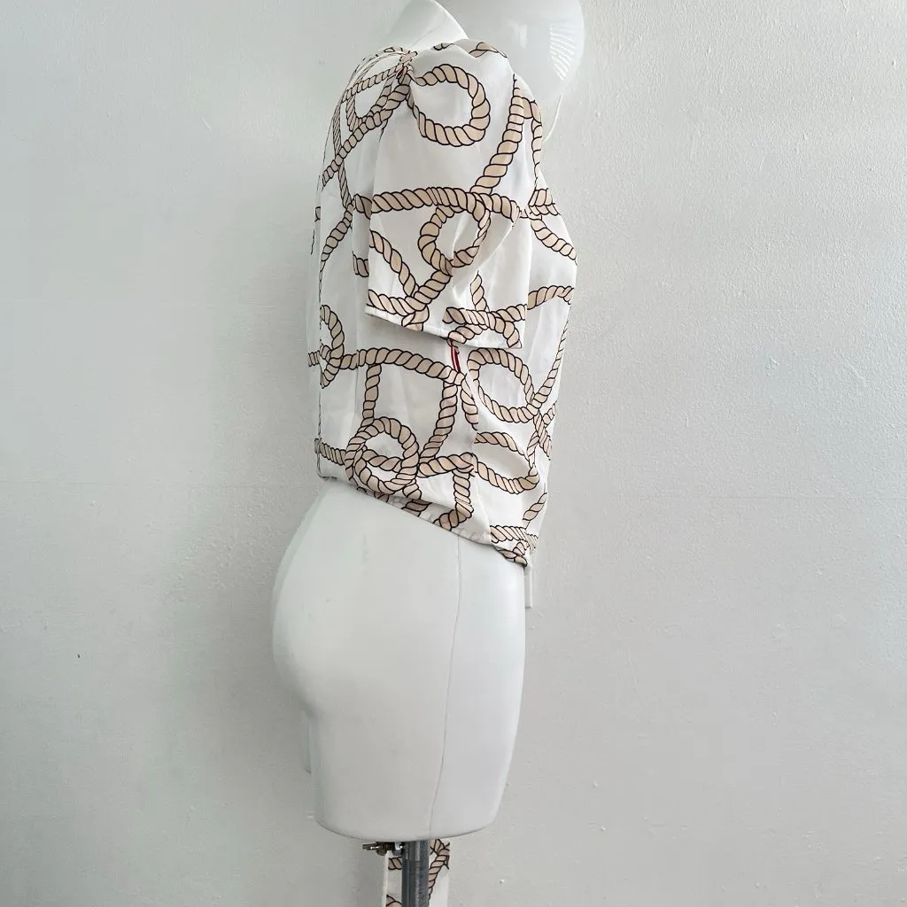 Marine Rope Print Wrap Blouse Short Puff Sleeves Coastal Beach Style Top NWOT Red Size L - Image 10