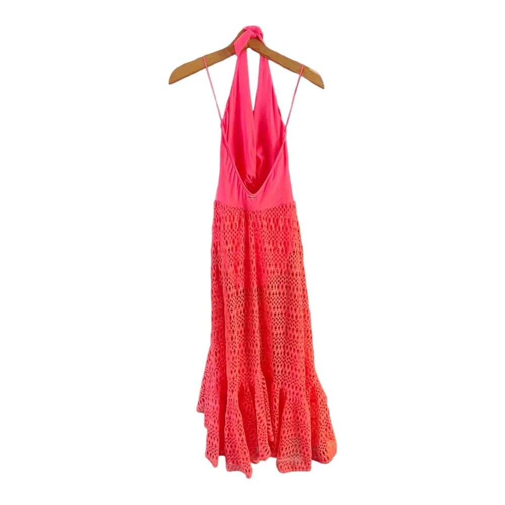 PATBO Crochet Beach Dress Halterneck Neon Coral Resort Influencer Medium NWT - Image 11