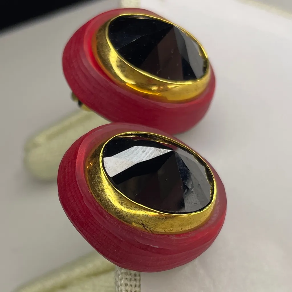 Alexis Bittar Translucent Lucite Oval Black Pink Gold Clip On Earrings - Image 3