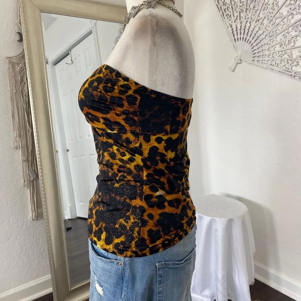 Early 2000’s Cinched Animal Print Black Gold Cheetah Glitter Tube Top M - Image 4