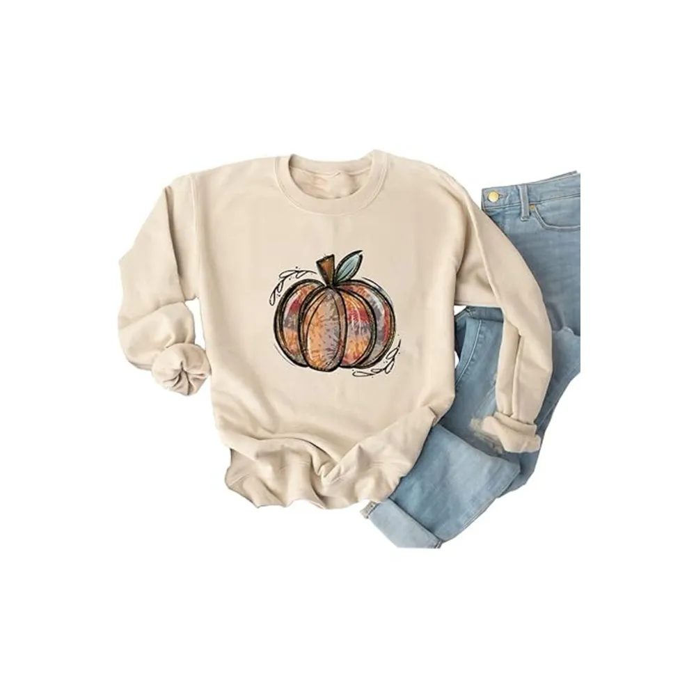 SHEIN Beige Multi-color Watercolor Pumpkin Fall Graphic Sweatshirt Plus 2XL - Image 3