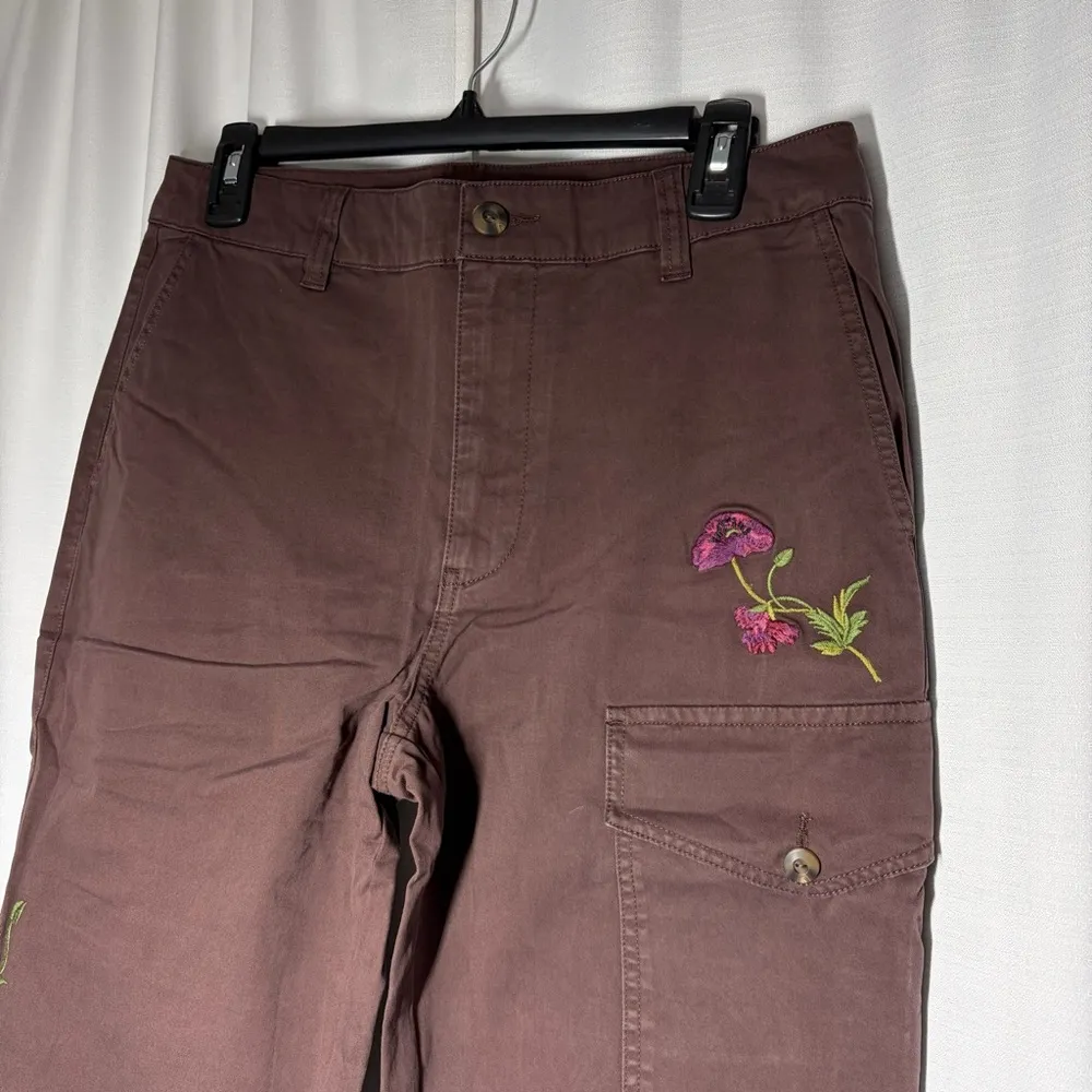 NEW Sundance Women’s Embroidered Cargo Pants 6 Dark Brown Boho Cotton Stretch - Image 3