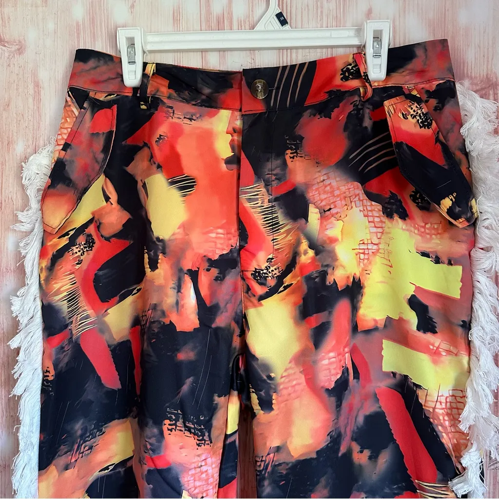 Micas Orange Abstract Print Fringe Trim Pants - Image 4