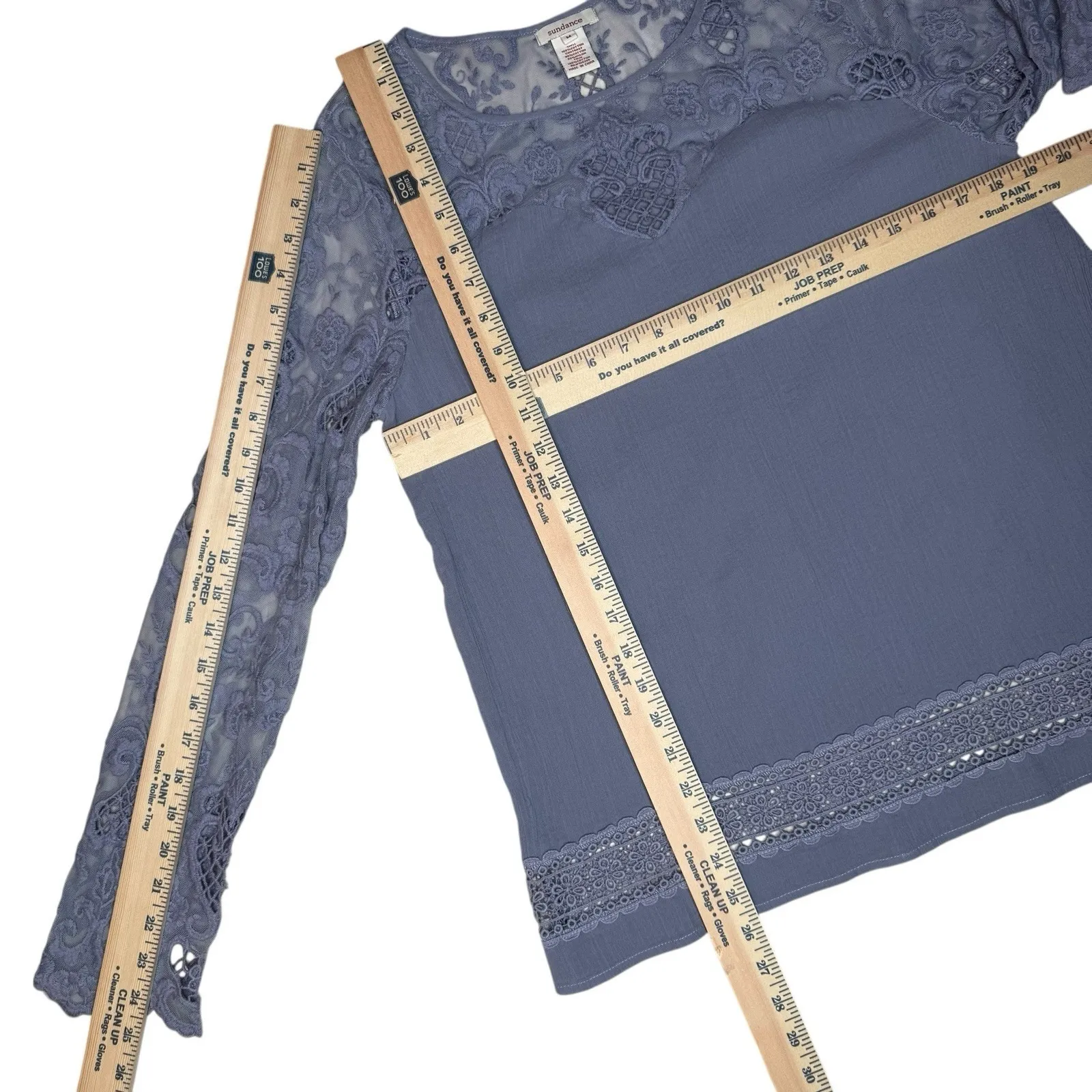 Sundance‎ Floral Crochet Lace Top M Long Sleeve Cotton Gauze Blue Boho Cottage - Image 9