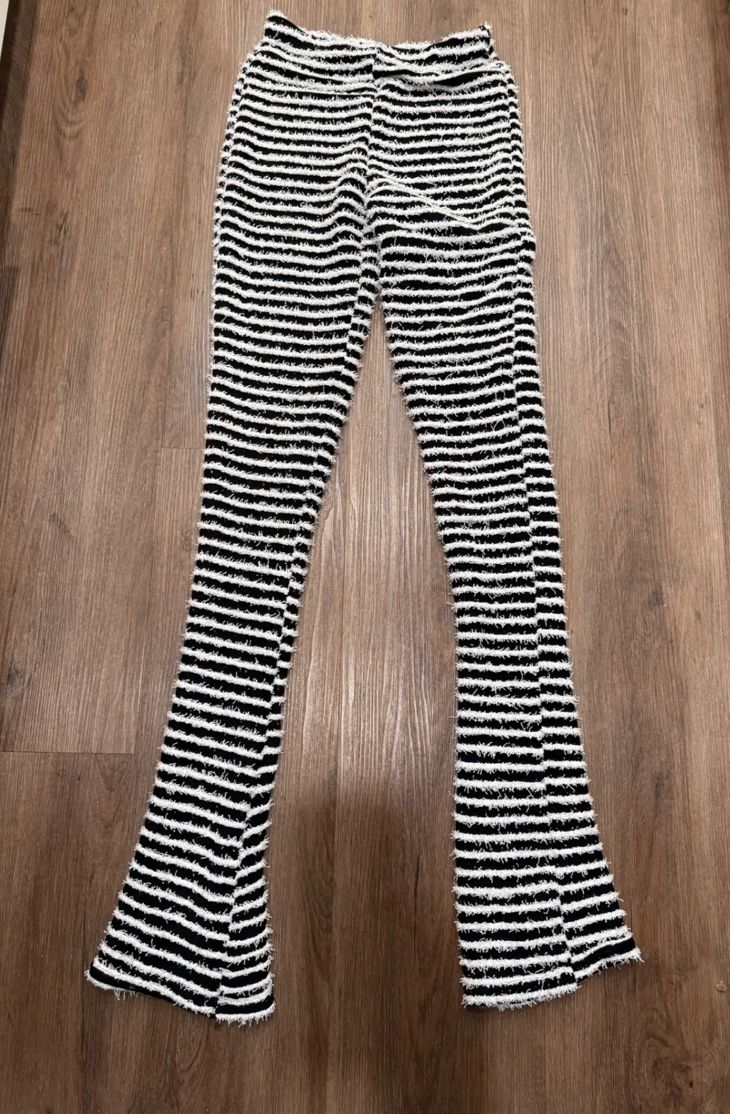 Black White Stripe Flare Leg Pants High Waist Textured Knit Size M Size M - Image 1