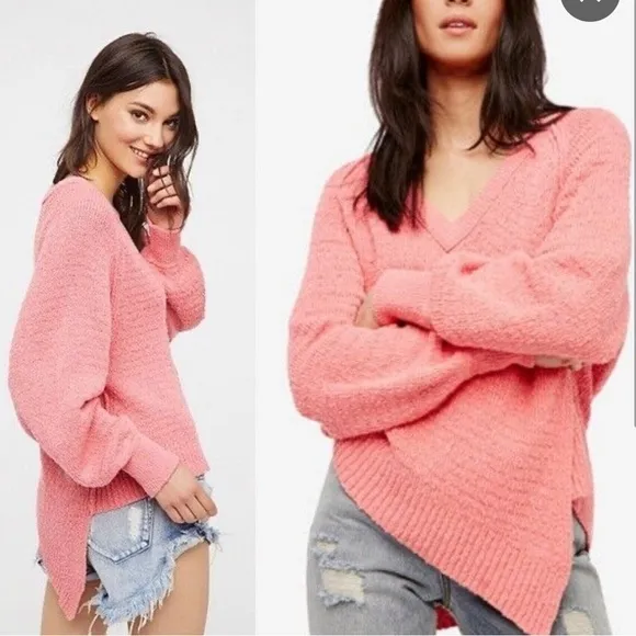 FREE PEOPLE West Coast Asymmetrical V Neck Pullover Knit Sweater Pink Sz S - Image 2