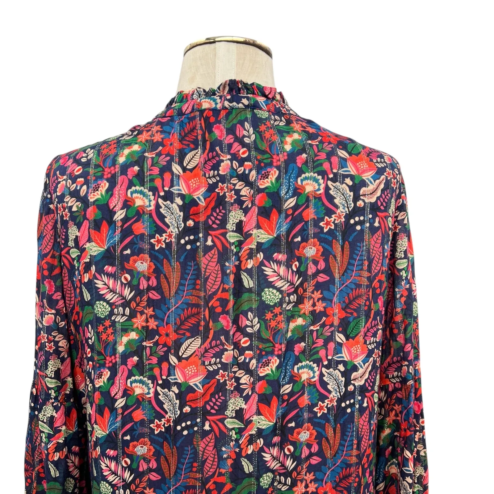 Vilagallo Midi Dress Kaftan Floral Print Metallic Navy Blue Multi Size 42 US 8 - Image 7