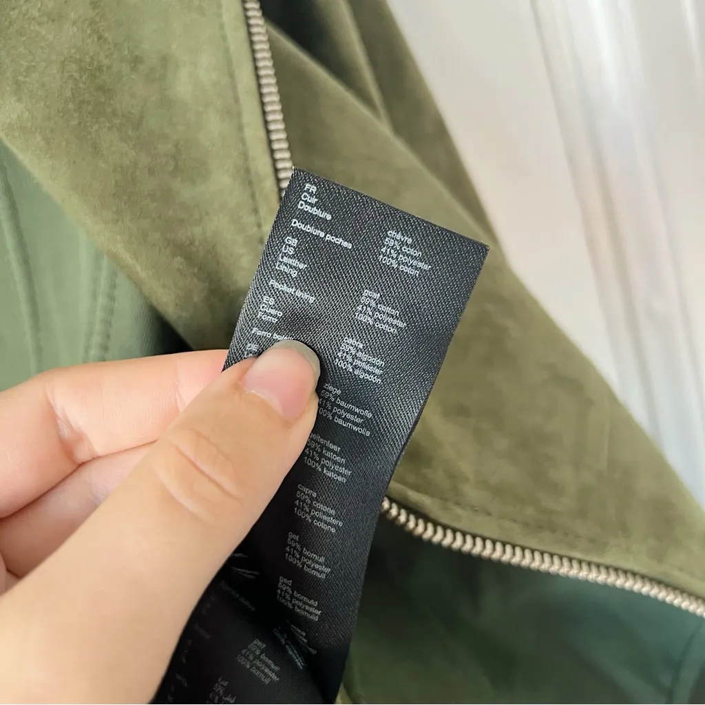Maje • Basalt Suede Biker Jacket olive green leather moto asymmetrical zip front - Image 12