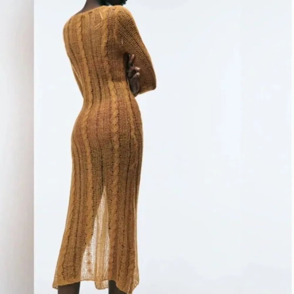 NWT ZARA  WOMAN MIDI OPEN CABLE-KNIT DRESS SLIT TOBACCO SZ-L-XL - Image 5