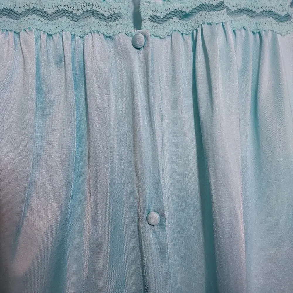 Vintage 70's Vanity Fair Light Turquoise Blue Button Lace Nightgown Pajama Dress - Image 4