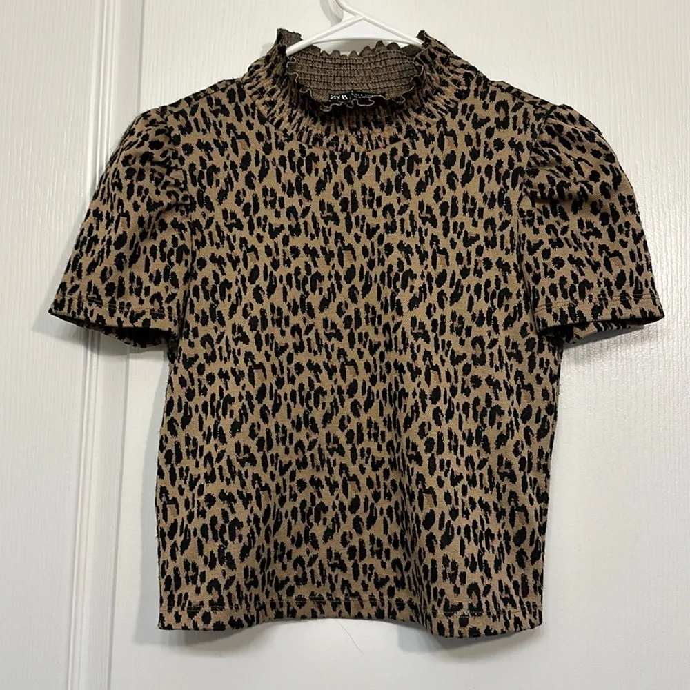 Zara Leopard Turtle Ruched Neck S/S Tan Black Blouse Shirt Pullover Crop Top - Image 2