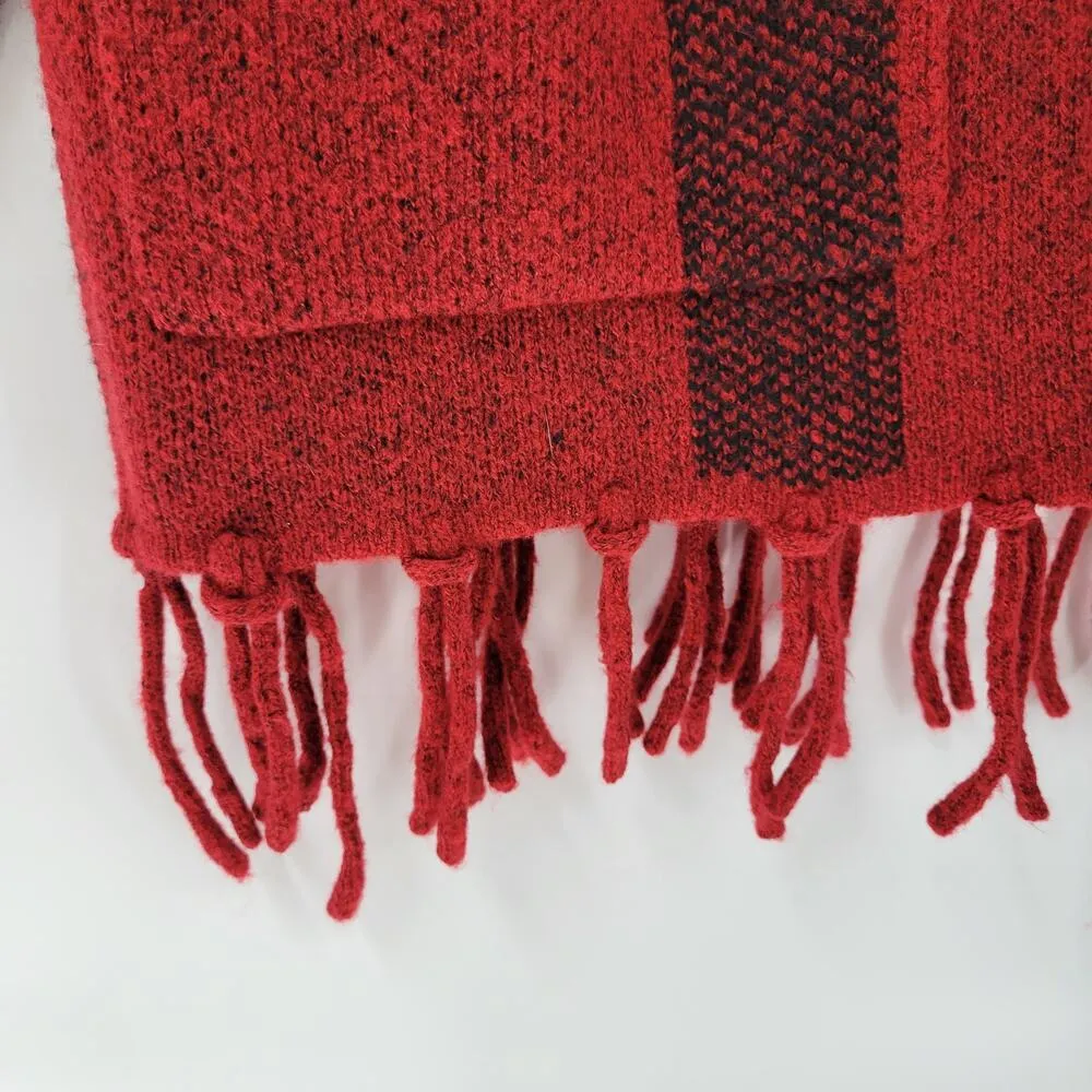 Adrienne Vittadini Womens Sweater Medium Red Plaid Cardigan Fringe Open Front - Image 2