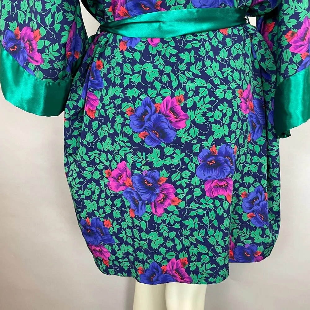 Vintage 90s Victoria's Secret Robe Floral Gold Label One Size Green Purple Silky - Image 7